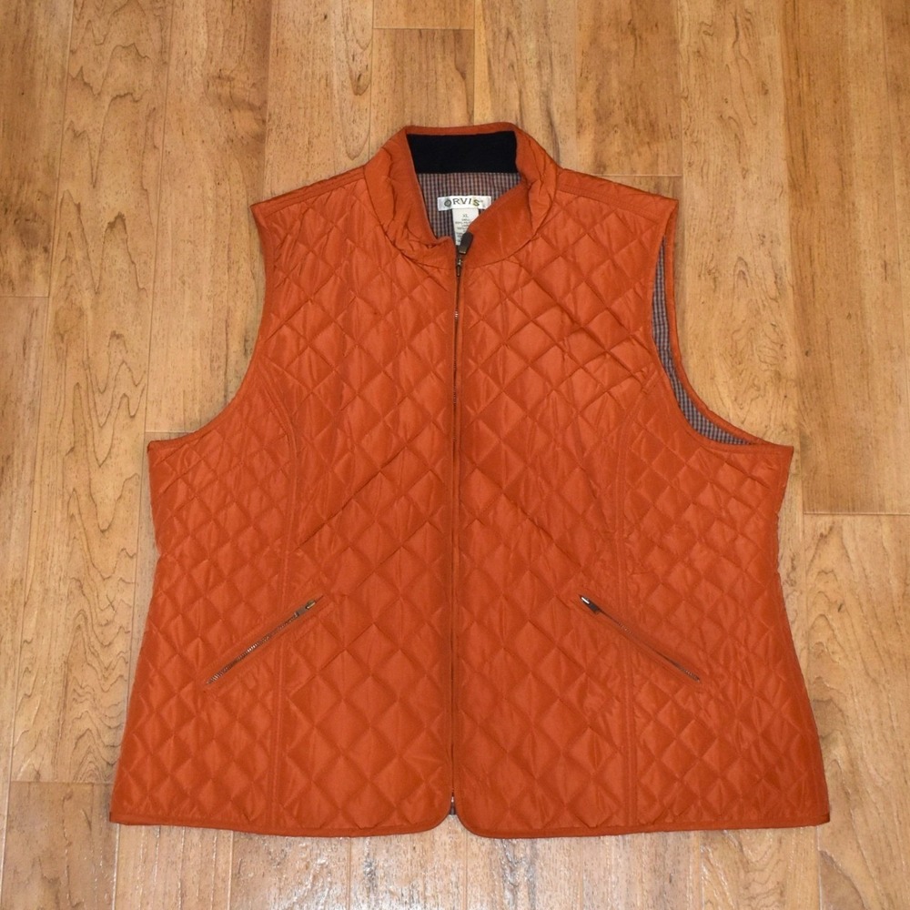 Orvis Quilted Vest Womens XL Orange Excellent Plaid Lined Full Zip Mock Neck